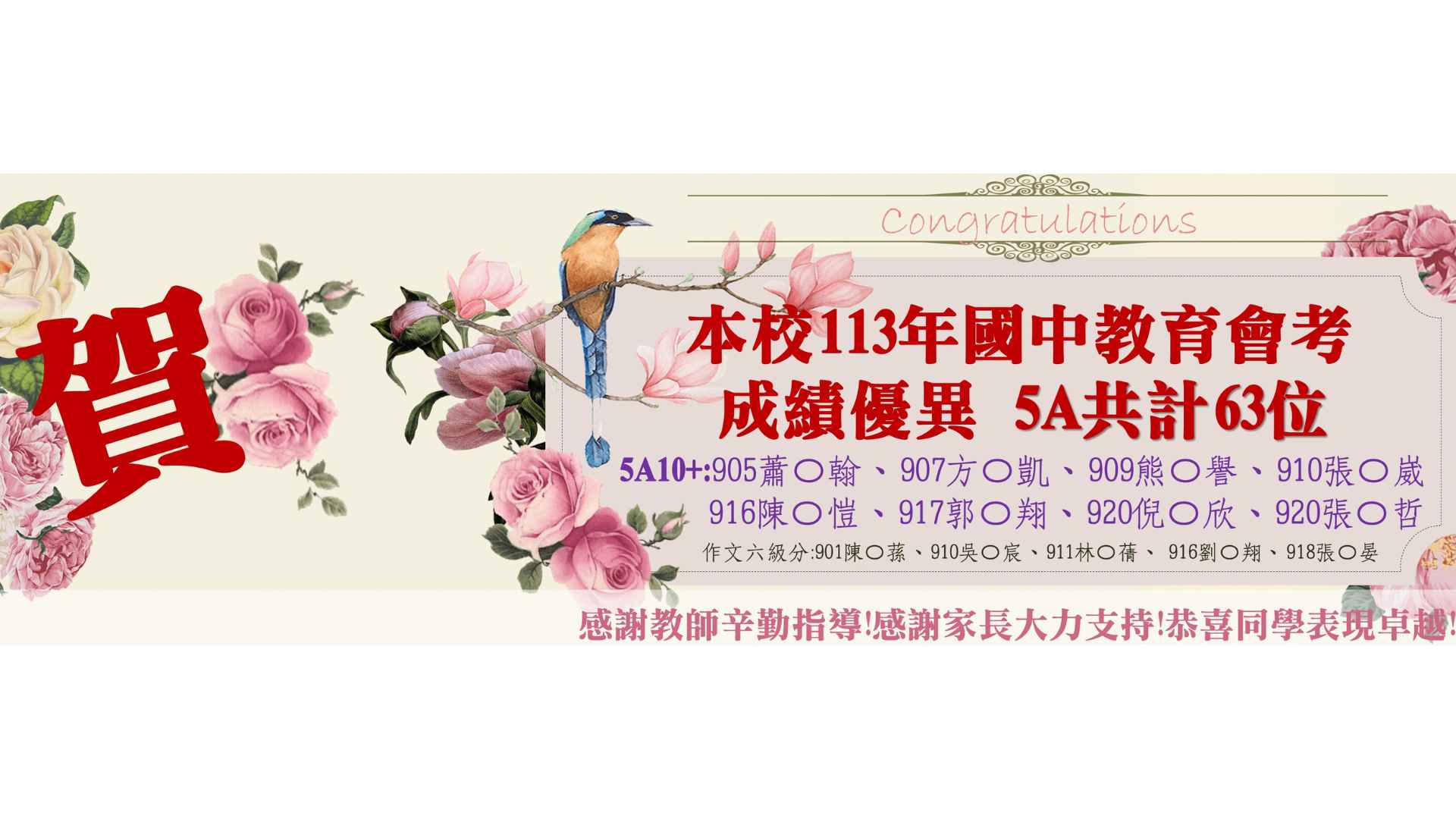 連結到賀本校113年國中教育會考成績優異5A共計63位感謝教師辛勤指導!感謝家長大力支持!恭喜同學表現卓越!