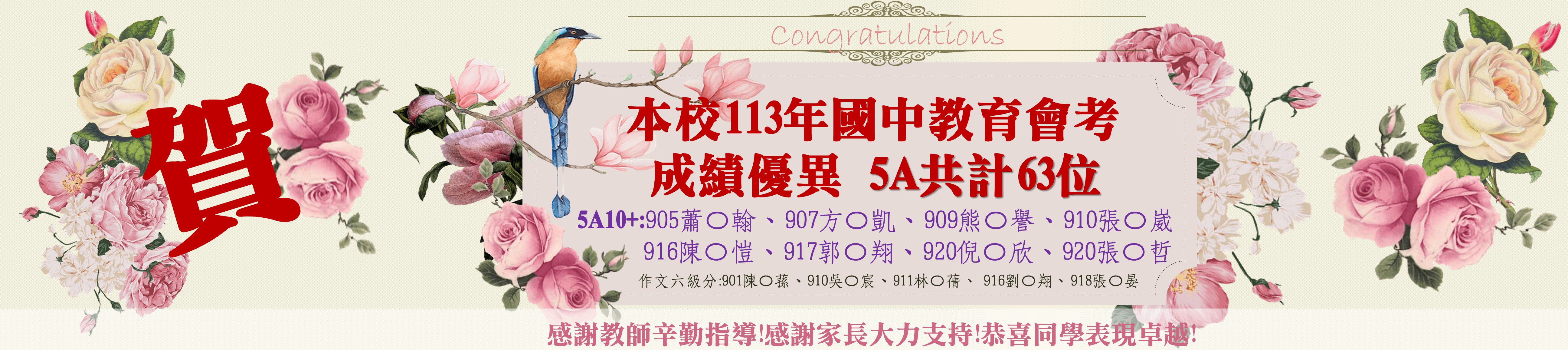 賀本校113年國中教育會考成績優異5A共計63位感謝教師辛勤指導!感謝家長大力支持!恭喜同學表現卓越!(另開新視窗)