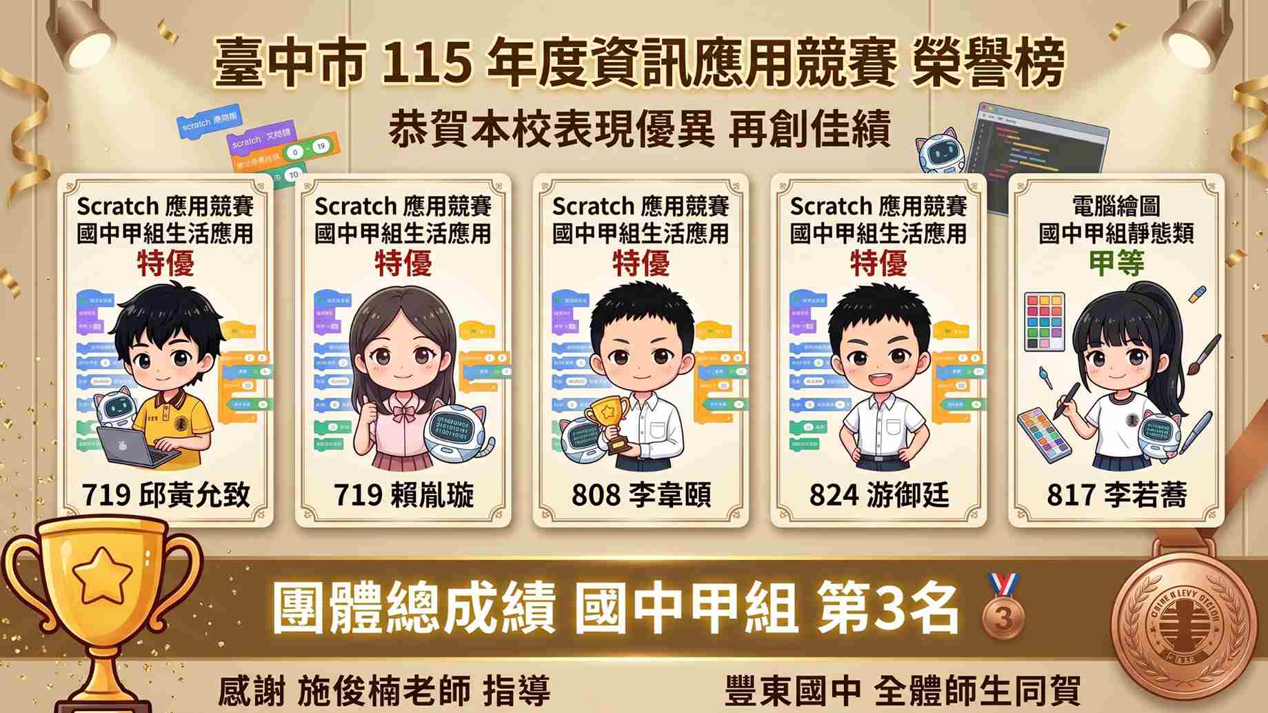 本校參加「臺中市 115 年度資訊應用競賽」表現亮眼，成果豐碩！