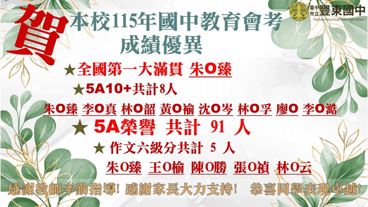 贺 本校115年國中教育會考成績優異