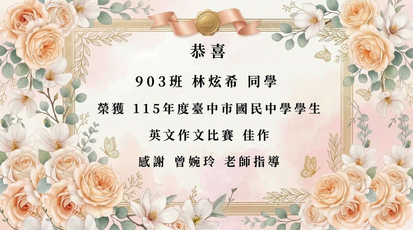 榮獲115年度臺中市國民中學學生英文作文比賽佳作